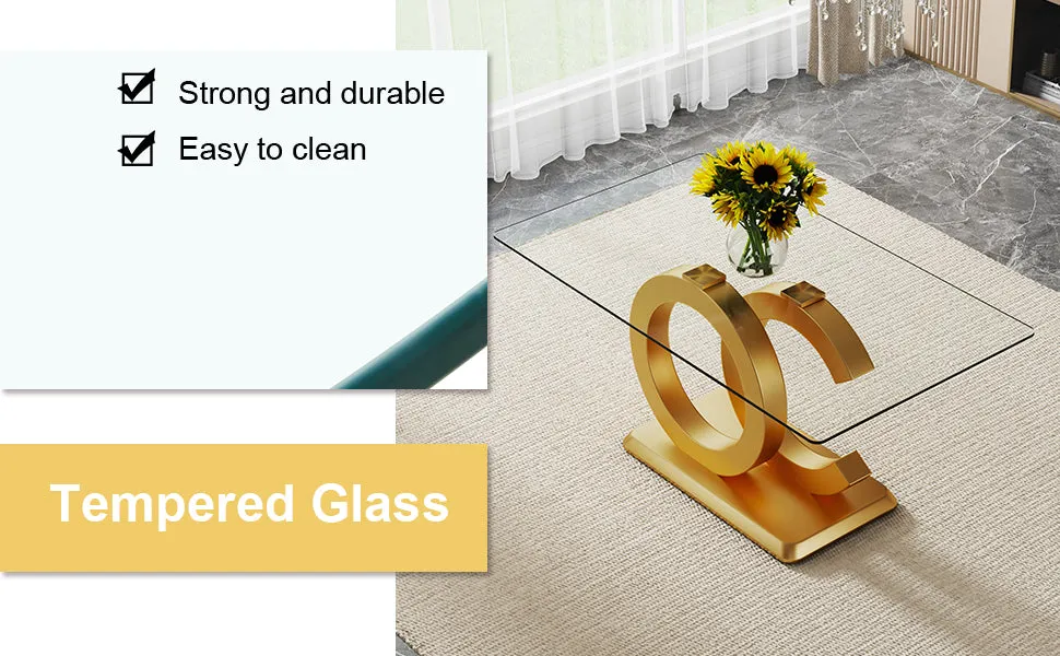 63"W Clear Tempered Glass Table & Chair Set, 4 White PU Chairs w/ Gold Legs. Ideal for Kitchen, Bedroom, Office.